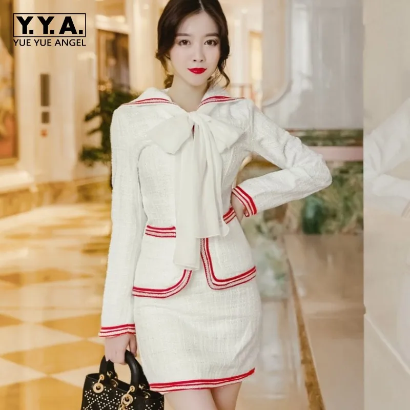 

2019 Winter Elegant Ladies Sailor Collar Jacket Tweed Set Women White Wrap A Line Skirt Bodycon 2 Pcs Outfits Twill Office Suits