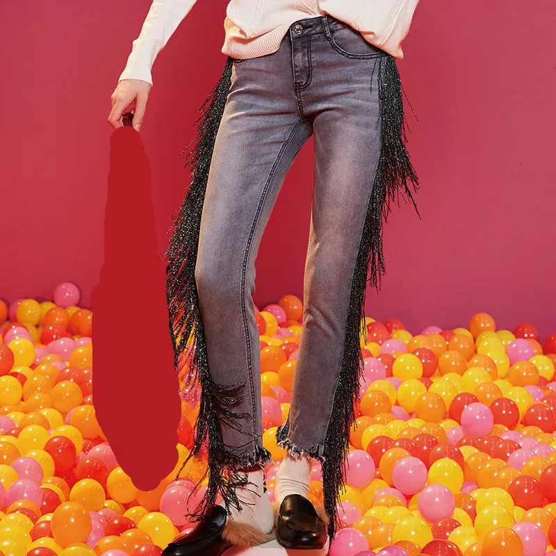 WHITNEY WANG весенне-осенние модные уличные обтягивающие боковые джинсы с бахромой женские стильные джинсовые брюки