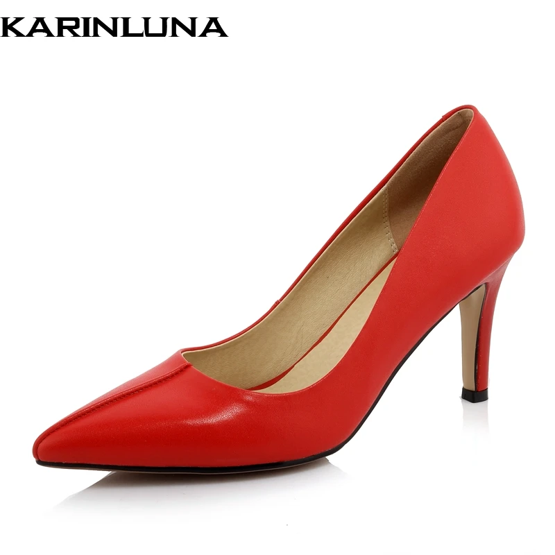 

Karinluna Sexy Genuine Leather Office Lady women's Shoes Party Pointed Toe Elegant High Heels Shoes Woman Red Pumps