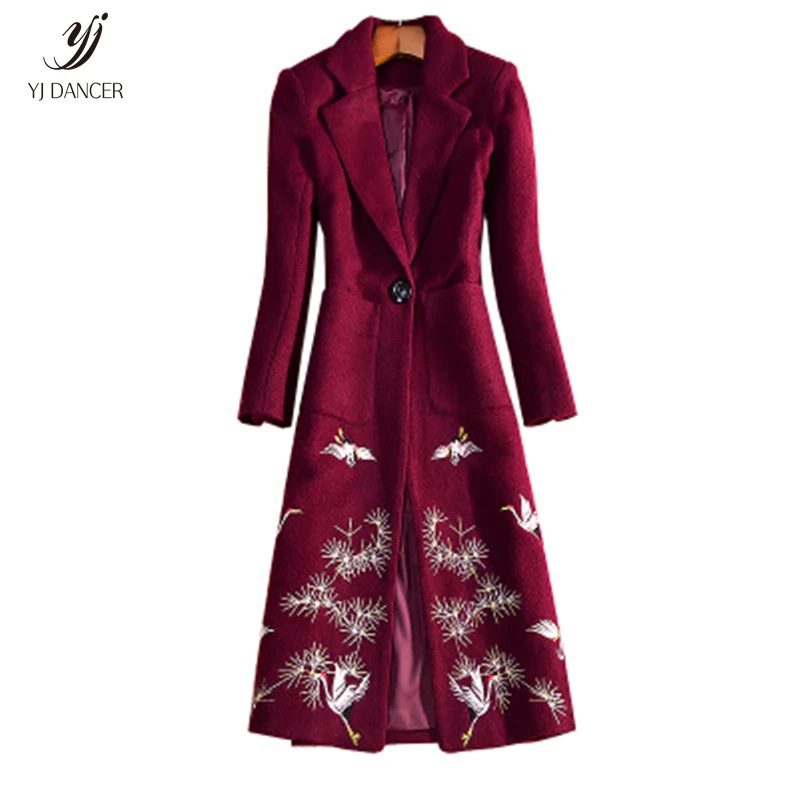 

2018 Fashion New High quality Temperament Female Autumn Winter Models Woolen Coat Lapel One Button Embroidered Crane Coat H0139