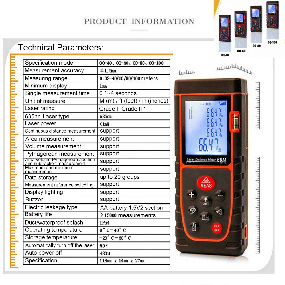 Laser Distance Meter 40M 60M 80M 100M Laser Rangefinder Meter Range Finder Laser Tape Measure Build Device Toulette Ruler