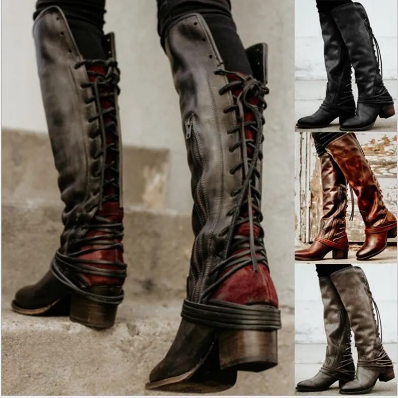 

Feminino Women Boots Knee High Vintage PU Leather Shoes Woman Cross-Tied Lace Up Gladiator Booties Girls Chaussure