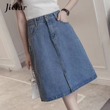 Jielur 2019 Kpop Oversized Summer Female A-line Skirts Solid Color Sweet Blue Denim Skirt Women Hipster Split Jeans Saias S-5XL sweet style solid color button embellished women s suspender skirt