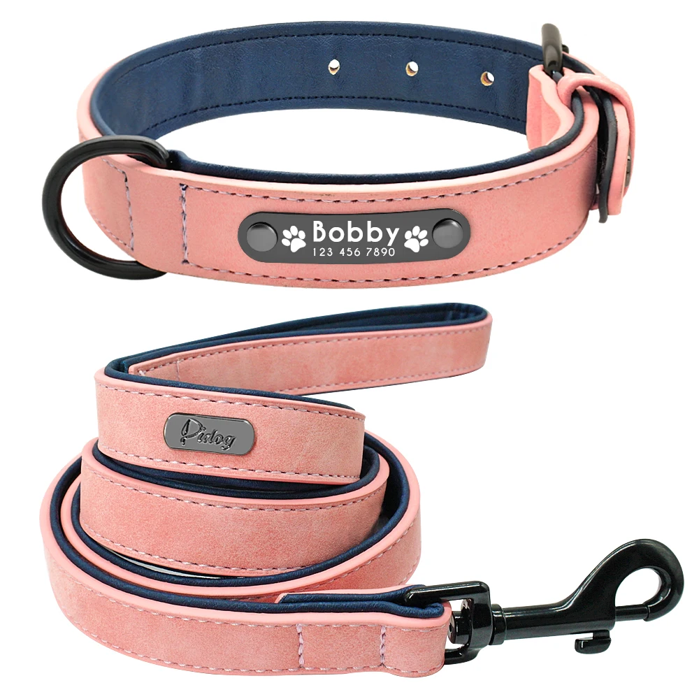 Personalized Dog Collar and Leash Leather Padded Customized Engraved Dogs Collars Lead Rope Set Bulldog Pitbull Dog Collars medium Dog Collars