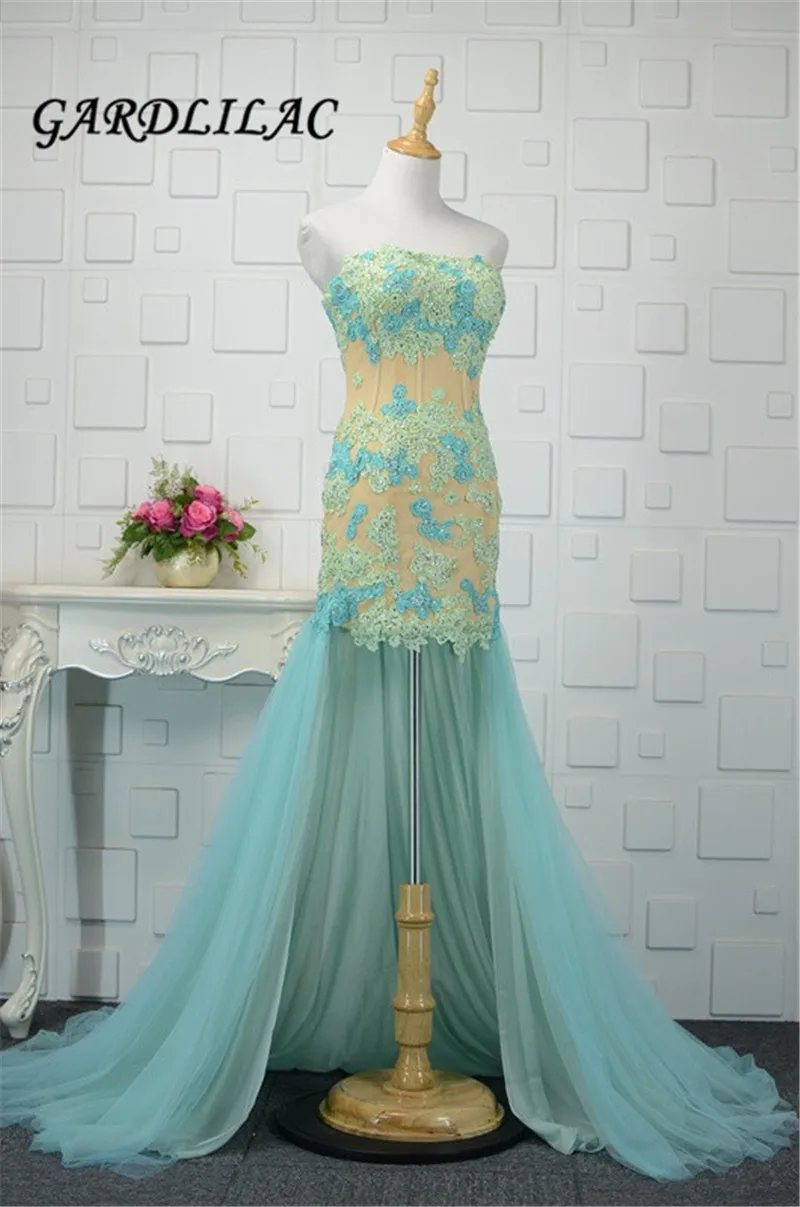 

New Real Pictures Long Prom Dress Hi Lo Homecoming Dress Strapless Tulle Lace Appliques Evening Gown Vestidos de noiva 2018