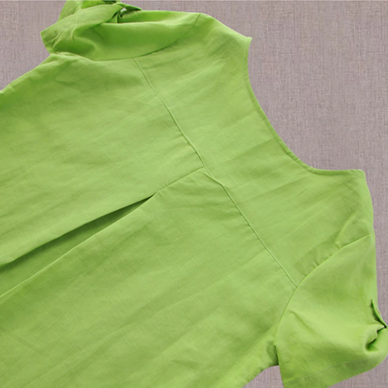 Women O Neck Short Sleeve Plus Size Cotton Linen Blouse Tops Elegant Casual Solid Buttons Loose Work Shirt Blusas Blouses