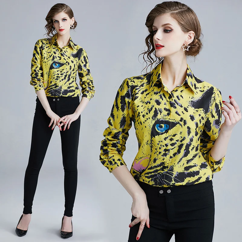 

New 2019 Spring Summer Fall Runway Floral Print Collar Long Sleeve OL Turn-Down Neck Womens Party Casual OL Top Shirts Blouse