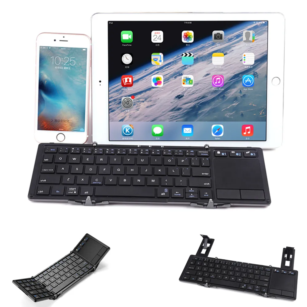 

Tri Folding bluetooth keyboard with touchpad Bluetooth Keyboard For iPhone 7 8 X iPad Air 1 2 Pro 9.7 2017 2018 Black