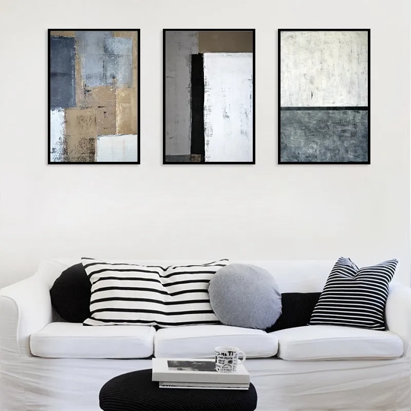 

Dark Colors Abstract Vintage Striped Square Triple Canvas Decoration Painting Minimalism Nordic Style Wall Picture Home Decor
