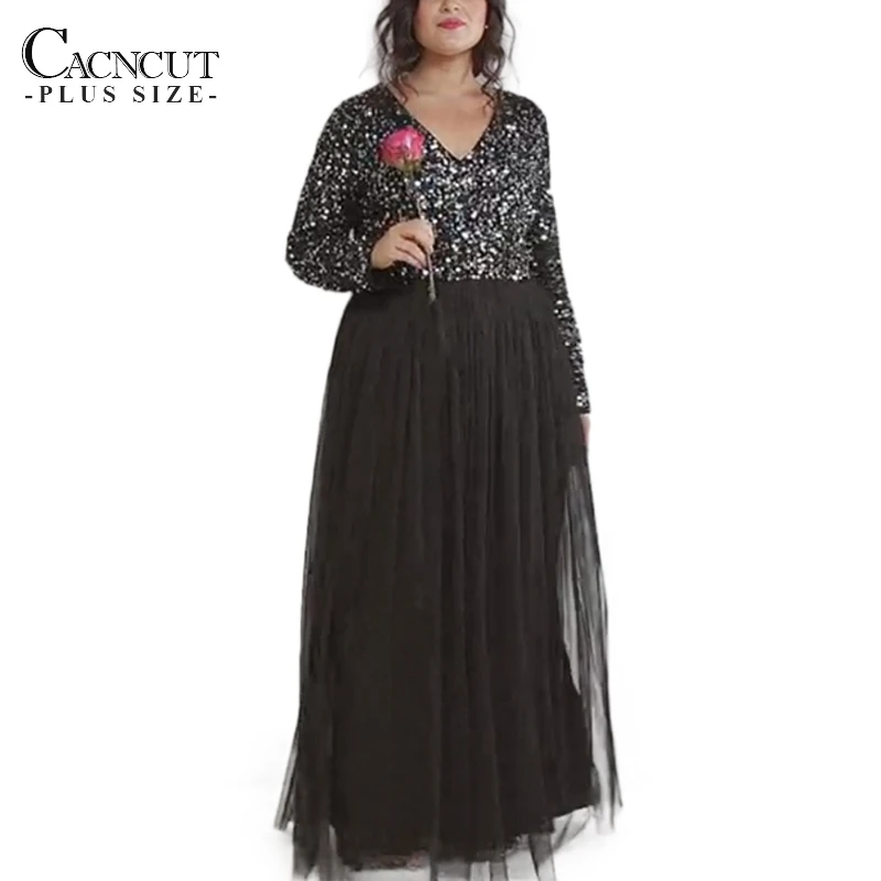 CACNCUT весеннее женское длинное платье размера плюс, сексуальное Сетчатое платье с v-образным вырезом и блестками большого размера, зимнее Элегантное Вечернее Платье Макси
