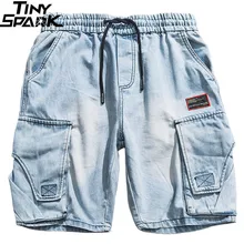 Хип-хоп джинсовые шорты мужские Харадзюку Карго короткие мешковатые джоггеры короткие уличная Летняя джинсовая ткань оверсайз-шорты с карманами хлопок