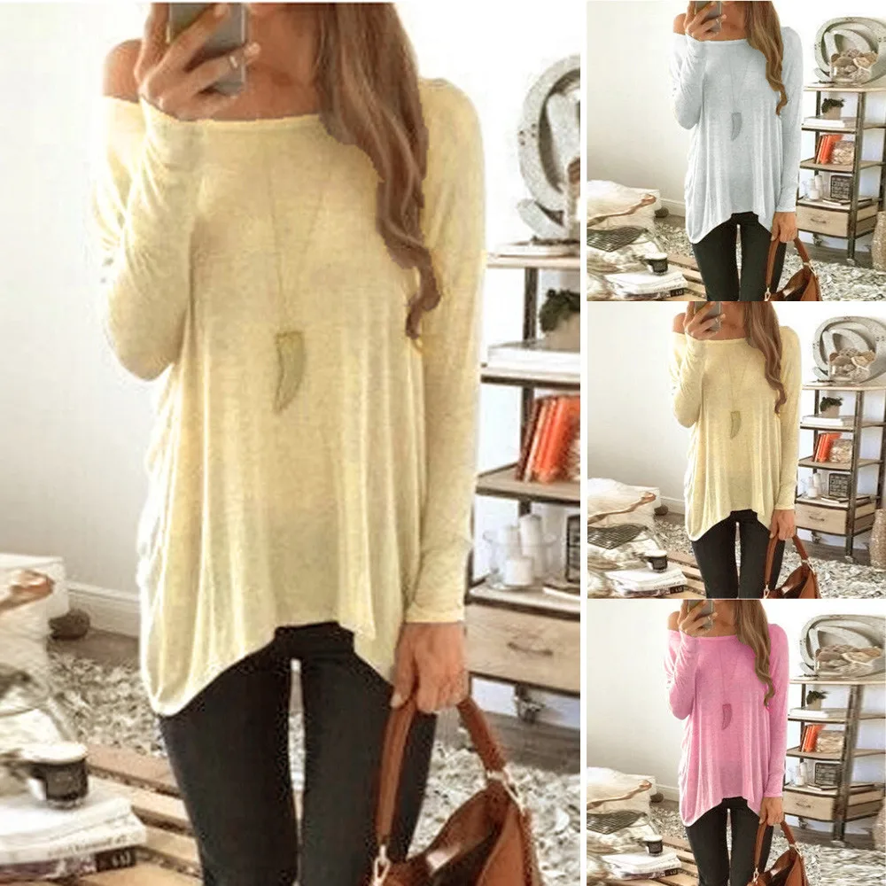 

Fashion Autumn Polyester Daily Women Long Sleeve Slash Neck Solid Loose Casual Shirt Tops Drop Shipping