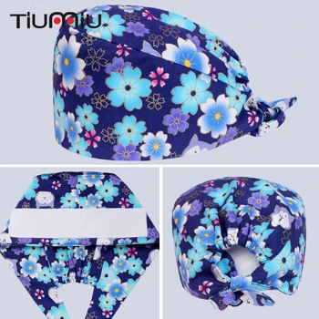 

Blue Flower Printed Medical Caps Surgical Scrub Cap Hospital Doctor Dentist Laboratory Pharmacy Beauty Salon Men Women Work Wear