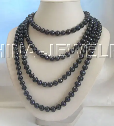 

Free shipping@@@@@ ABeautiful 80" 11mm dark black round freshwater pearl necklace a