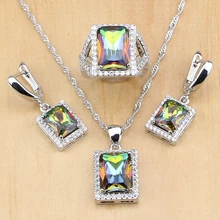 925 серебряные ювелирные изделия мистическое Радужное огонь набор ювелирных украшений с фианитами женские свадебные аксессуары серьги/кулон/ожерелье/кольца T236