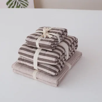 

Quality 4pcs Fitted Sheet Quilt Duvet Cover Pillowcase Pillow Sham Bedding Set 100% Cotton Jersey Brown Strip