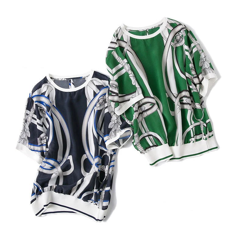 Новые футболки Женская Одежда высокого класса Бутик шелк фоторамка Верховая Печать с коротким рукавом