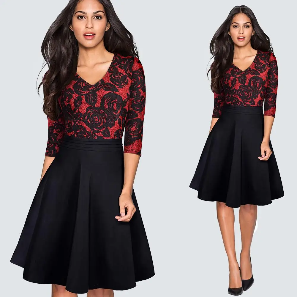 Новые осенние Винтаж Стильный цветочный узор в стиле пэчворк черный вечерние платье Для женщин Повседневное офисные свободное платье с коротким и широким подолом HA062 HA125 - Цвет: Black And Red Floral