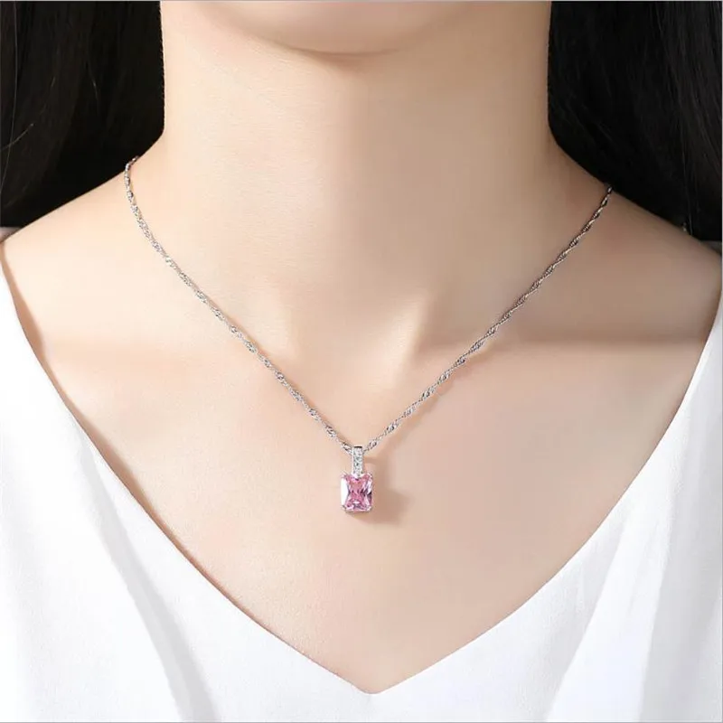 LUKENI New Fashion Silver 925 Female Choker Necklace Jewelry Charm Pink CZ Zircon Square Women Pendants Necklace Lady Christmas