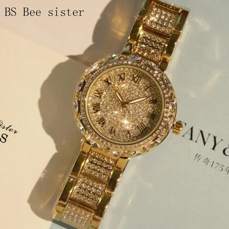 Goede BS Merk Vrouwen Quartz Horloge Mode Luxe Dames Diamant Jurk 2017 Nieuwe Gold Horloge Armband Vrouwelijke Klok Montre Femme