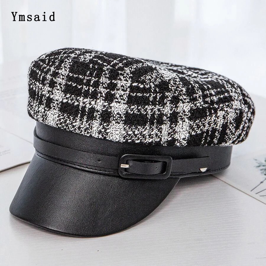 

High Quality Female Autumn Winter Hats For Women Classic Black And White lattice Berets Leather Stitching Flat Cap Feminina