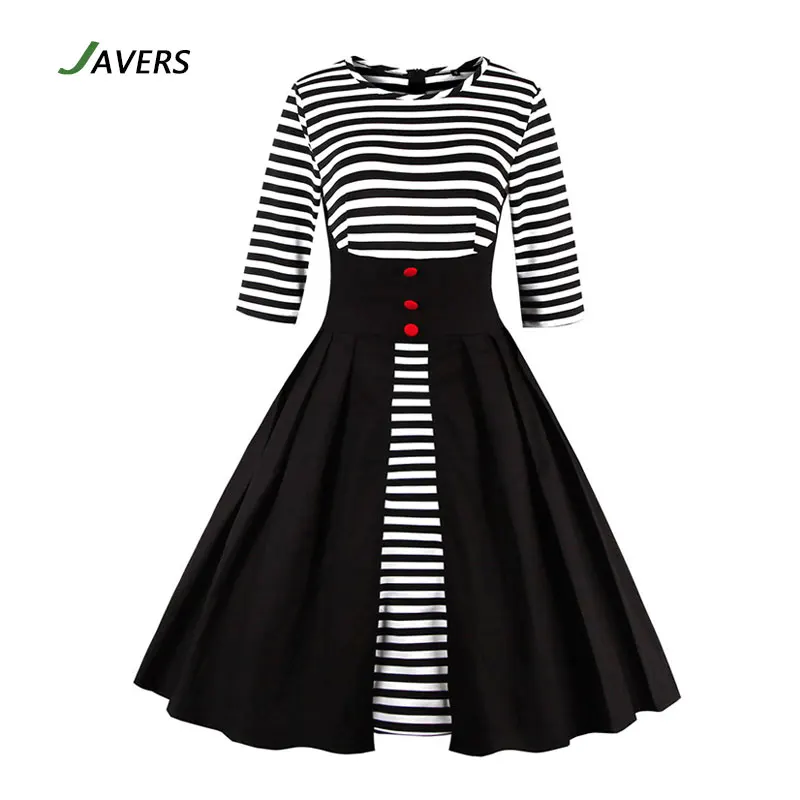 [JAVERS] 4XL 5XL Плюс Размер Полосатый 50 s Vintage Рокабилли Лоскутная Платье Женщины Кнопки