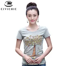 CIVI CHIC кленовые со звездным принтом; Для женщин Летняя футболка ручной работы футболки с бриллиантами корейские узкие хлопковые топы с круглым вырезом футболки плюс Размеры WST29