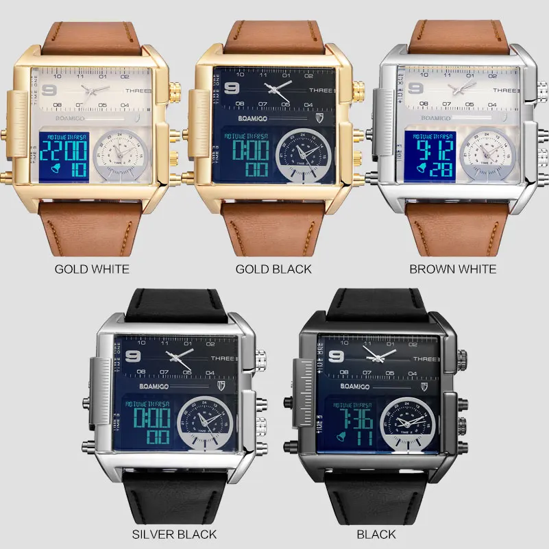 Дропшиппинг BOAMIGO Брендовые мужские часы с 3 часовыми поясами мужские спортивные цифровые часы коричневые кожаные военные кварцевые часы relogio masculino