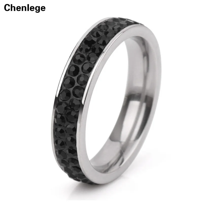 

new arrival fashion women full crystal black rings wholesale stainless steel wedding CZ rings party 2 row rhinestone jewelry