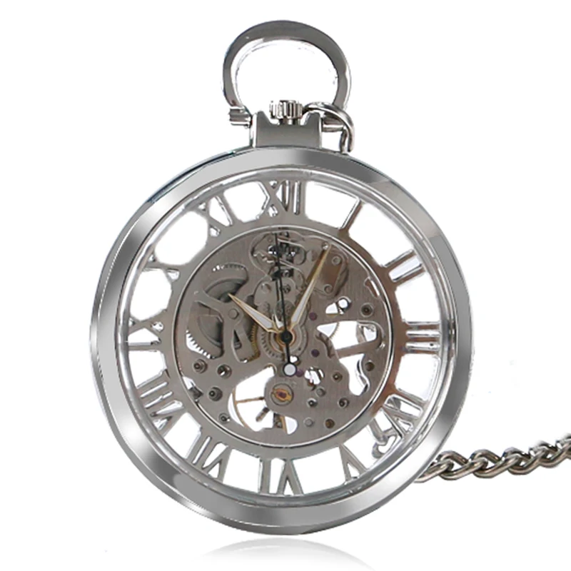 

New Arrival Silver Transparent Skeleton Open Face Design Pocket Watch Women Mens Gift Clock with 30cm Chain P1038C