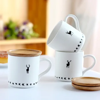 

Northern Europe Style Deer Ceramics Coffee Mug With Wooden Cover Office Home School Tea Milk Cup Wood Lid Drinkware Free Shiping