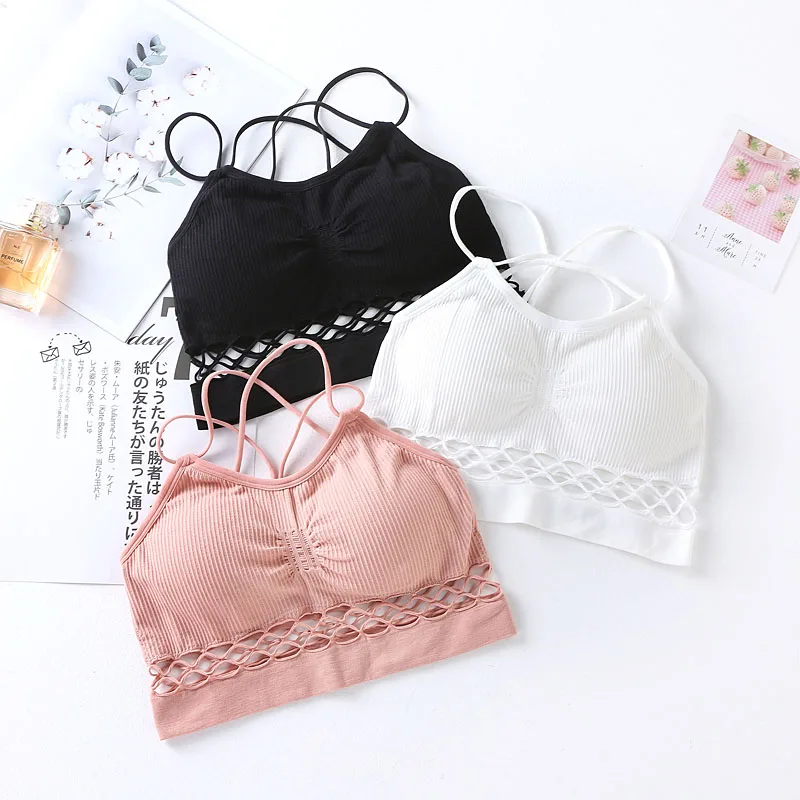

gkfnm 2019 Summer Style Colorful Crop Top Push Up Bra Women Knit Pink Stretch Fitness No Rims Padded Bra Tank Tops Hollow Out