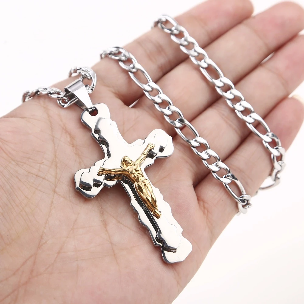 Top Quality Crucifix Cross Necklace Gold tone Stainless Steel wheat Chain Men/'s