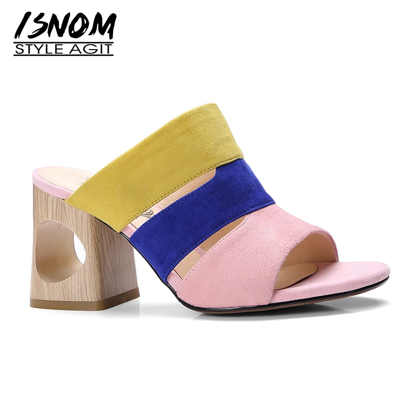 

ISNOM Fretwork High Heels Woman Slippers Open Toe Footwear Kid Suede Female Slides Shoes Mules Shoes Women 2019 New Summer