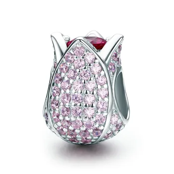 

Romantic 925 Sterling Silver Tulip Flower Petals Pink CZ Beads Fit Pandora Bracelet & Necklaces DIY Jewelry Making SCC569