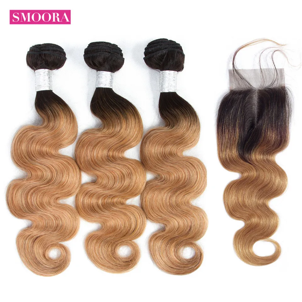 Smoora Ombre Hair Bundle with Closure Brazilian Body Wave 2 Tone T1b/27 Dark Roots Blonde Ombre 3 Bundle with Closure Non Remy Smoora Ombre Hair Bundle with Closure Brazilian Body Wave 2 Tone T1b/27 Dark Roots Blonde Ombre 3 Bundle with Closure Non Remy
