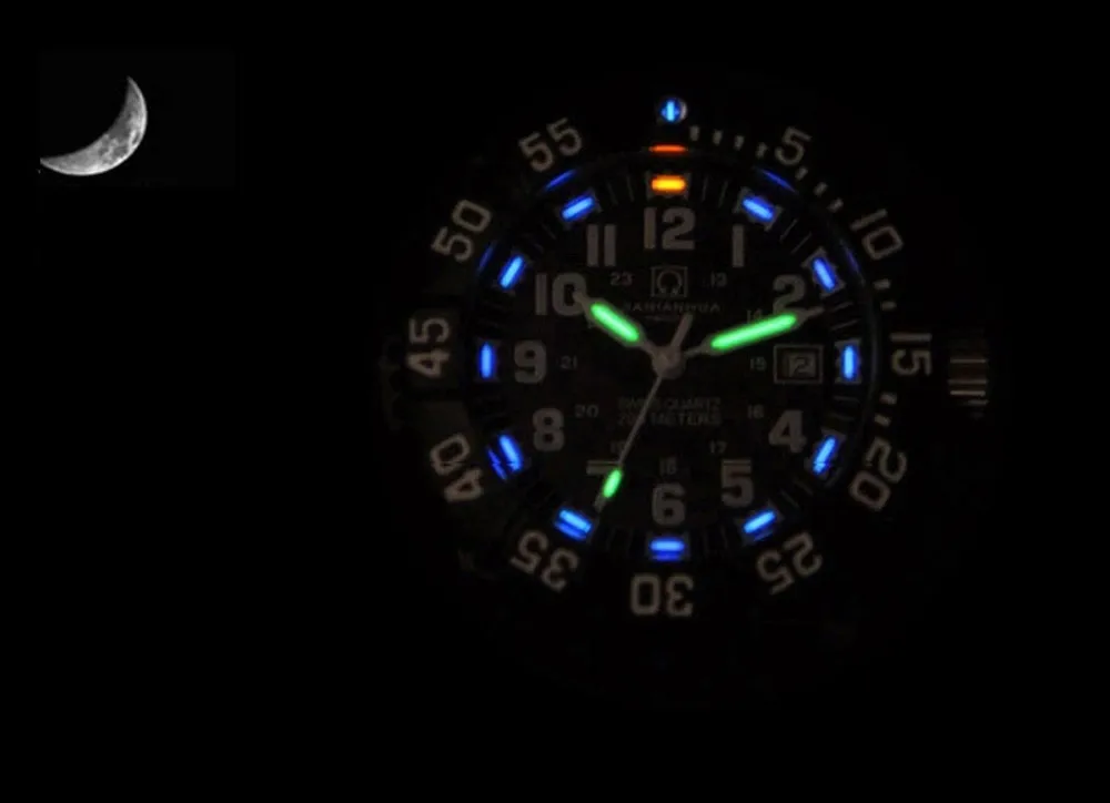 Светящиеся мужские часы с зеленым Тритием, вращающаяся рамка, ныряльщик, водонепроницаемые, сапфировое стекло, нержавеющая сталь, военные кварцевые часы GMT
