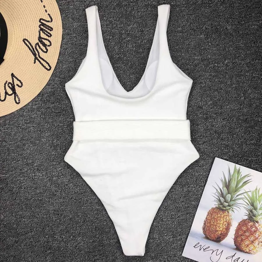 NEW Neon Bikini Women White Swimwear V Neck One Piece Swimsuit Female Bather Bathing Suit With Belt Push up Monokini