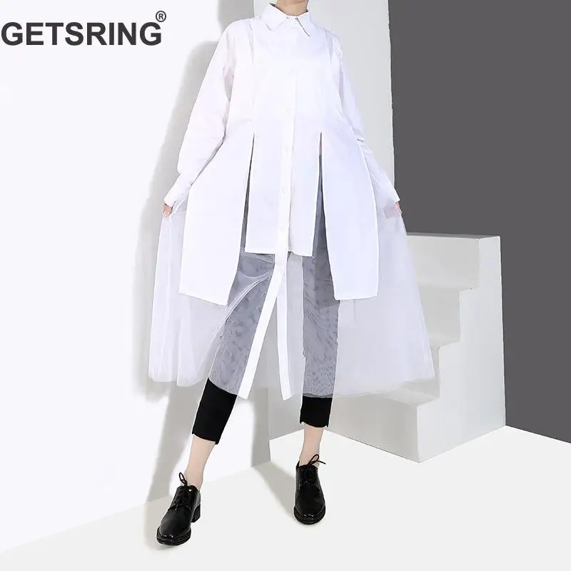 

GETSRING Woman Shirt Irregular Mesh Stitching Black White Plus Size Women Blouses Asymmetry Solid Color Long Shirt Women 2019