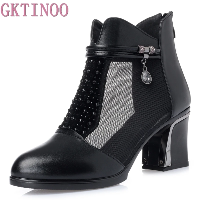 

GKTINOO Spring Summer Crystal High-heeled Women Boots Hollow Mesh Ankle Boots Comfortable Thick With Large Size Women's Shoes