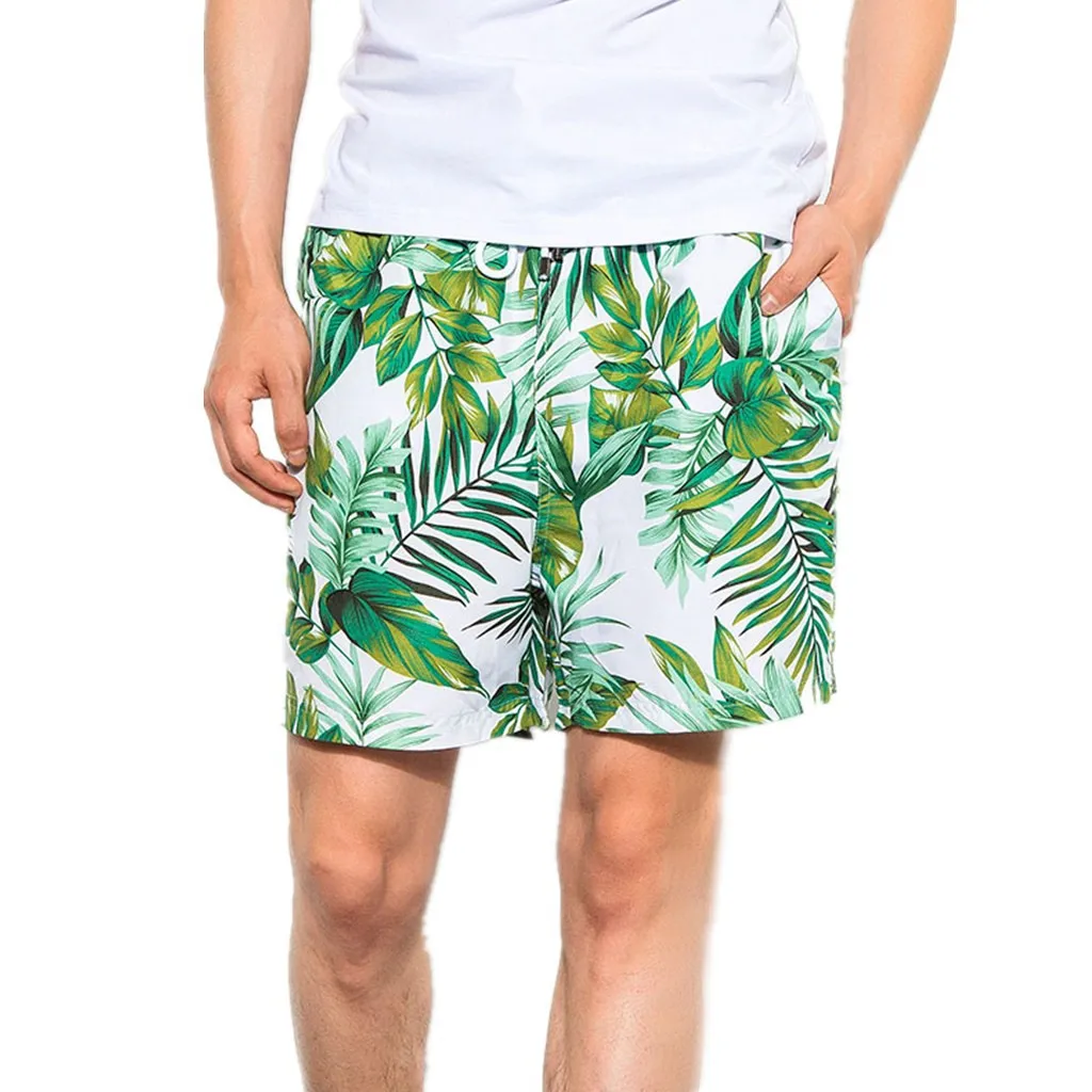 

2019 New Summer Swimwear Maillot De Bain Sexy High Waisted Swimming Trunks Leaves Pattern Drawstring Quick Dry Beach Shorts
