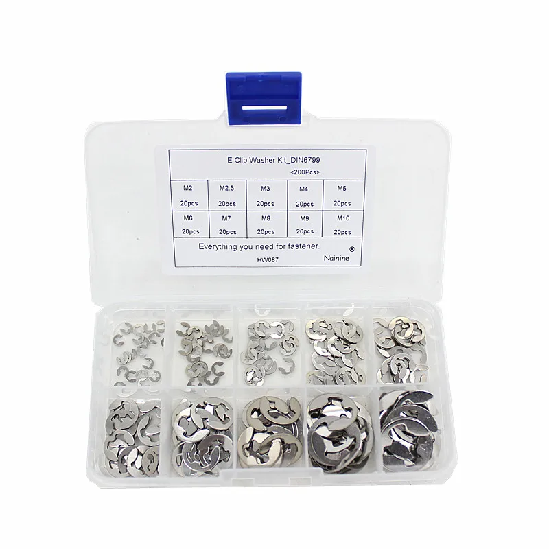 

200Pcs/set 304 Stainless Steel E Clip Washer Assortment Kit 2 3 4 5 6 7 8 9 10mm Circlip Retaining Ring for Shaft Fastener