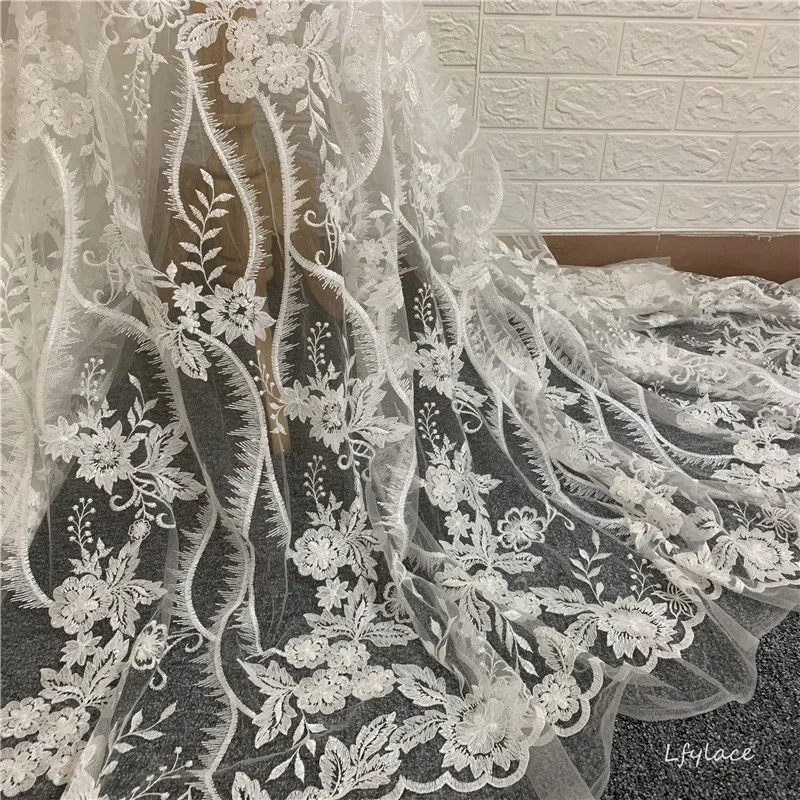 

LFY New Style Off White Tulle Embroidery Lace Fabric Africa style wedding dress cloth DIY dress fabric meterial 1 Yard