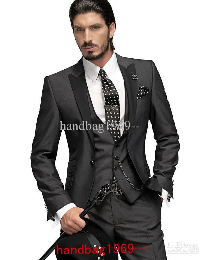 One button Charcoal Groom Tuxedos Best Man Suits Groomsmen Men Wedding Suits Jacket+Pants+Vest+Tie OK:324