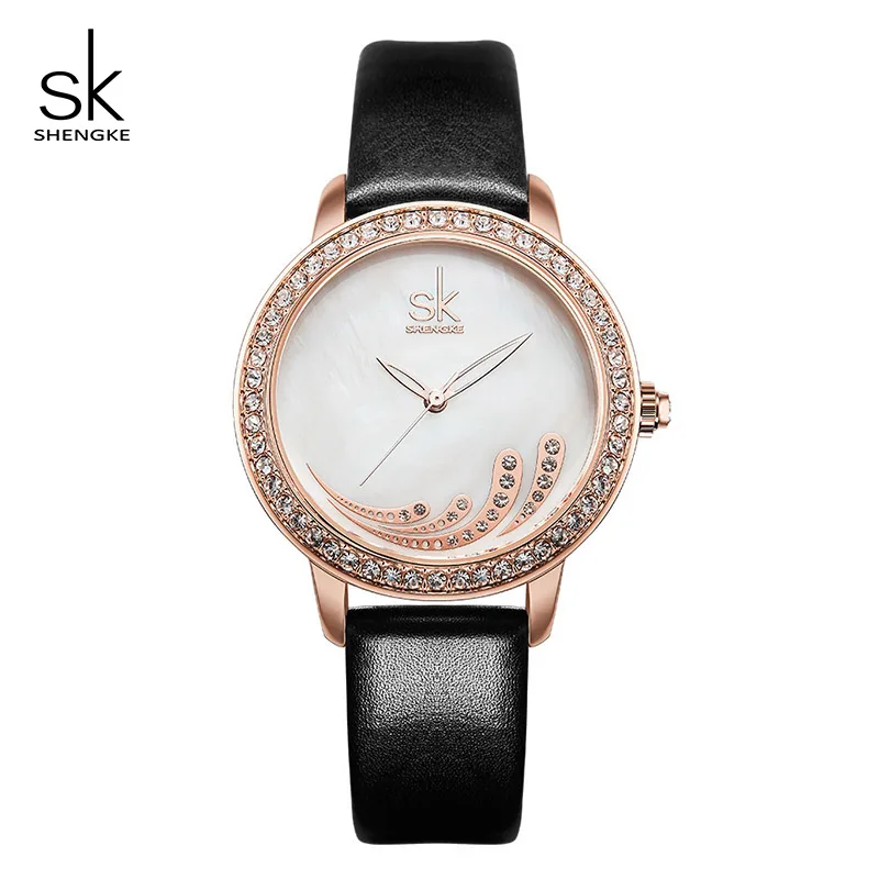 Shengke Creative Women Watches Crystal Dial Ladies Leather Wrist Watch