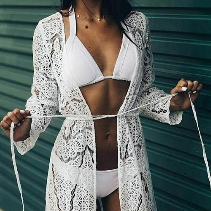 

New Women Summer Long Sleeve Open Front Lace Cardigan Tops Blouse Holiday Beach Dress Bikini Cover Up Casual Outwear