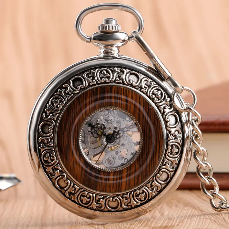 YISUYA деревянный Мужчины карманные часы Роскошный подарок любовника сеть Механическая Рука обмотки Бронзовый Скелет стимпанк Женщины
