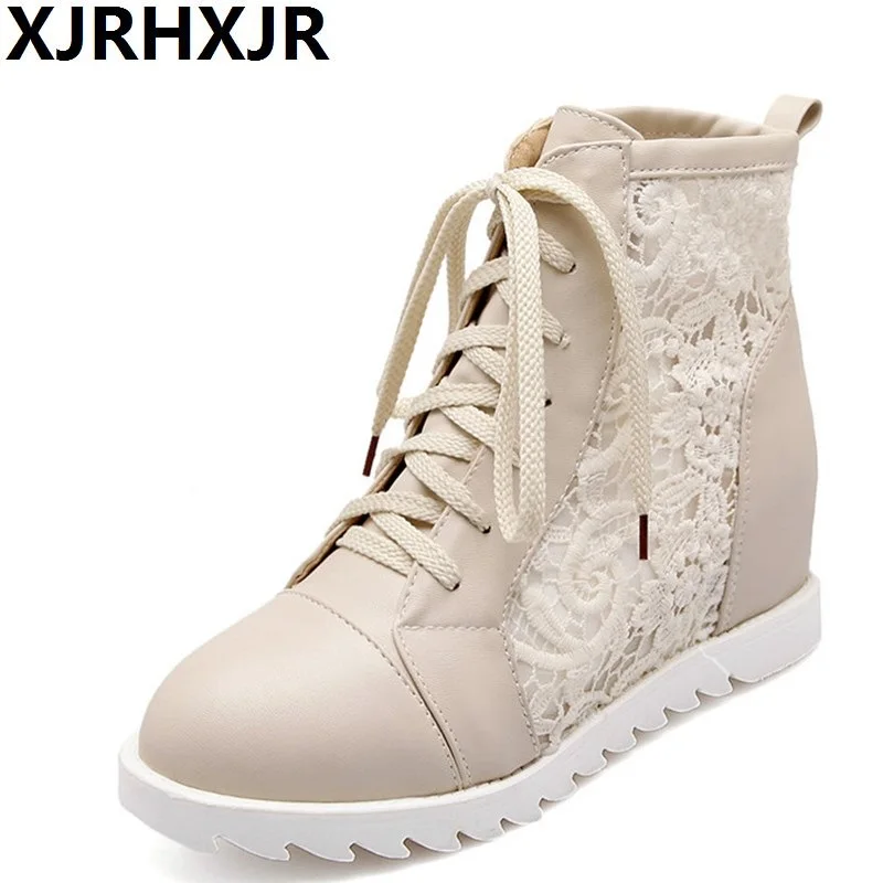 

XJRHXJR Breathable Fashion Lace Up Single Boots Women Casual Shoes Hidden Heels Ladies Round Toe Hollow Short Boots Size 34-43