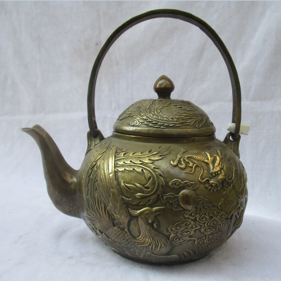 

Chinese Antique Tea pot ,Old Copper Handwork Carved Dragon Phoenix Teapot ,Vintage Metal Flagon,Big pot