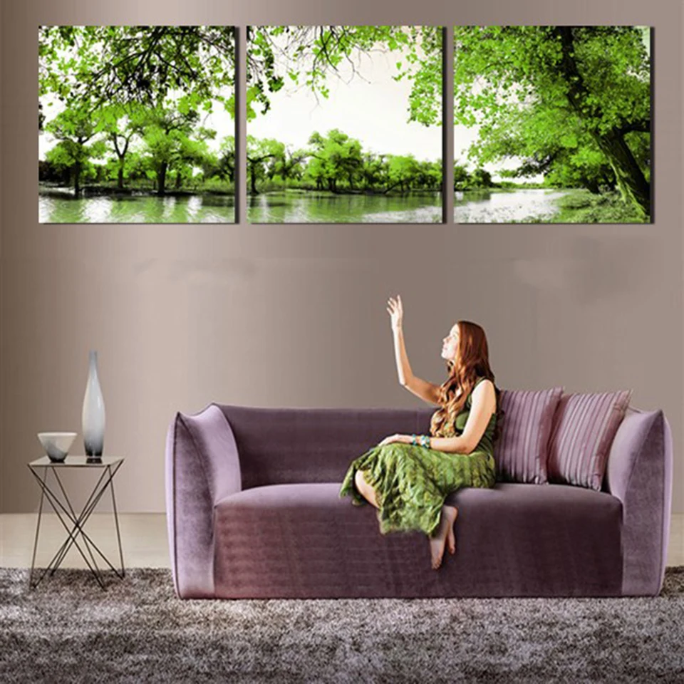 Home Decor Printed Pictures Painting 3 Panel Tree River Landscape